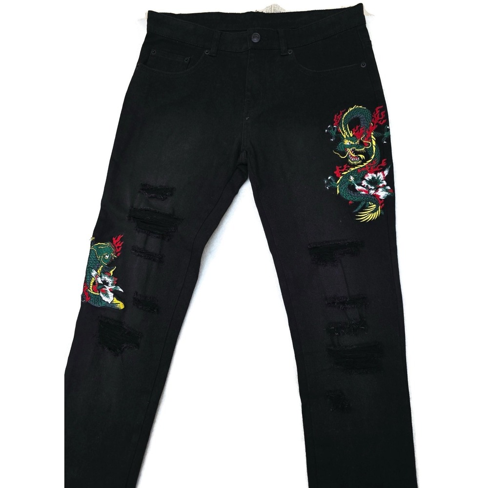 Reckless Dragon Jeans Mens‎ 33x31 Black Skinny Fit Distressed Embroidered Denim